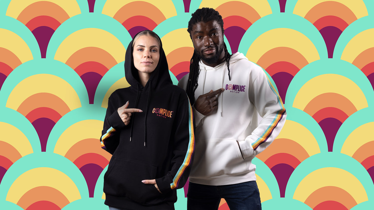 Complice Retro Revolution hoodie, cotton-blend, rainbow arm stripes, embroidered logo.