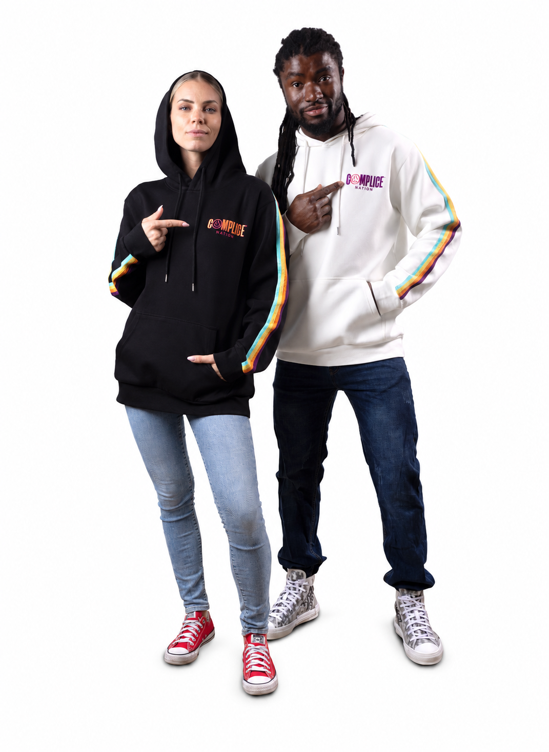 Complice Retro Revolution hoodies in black and white, full length models on white